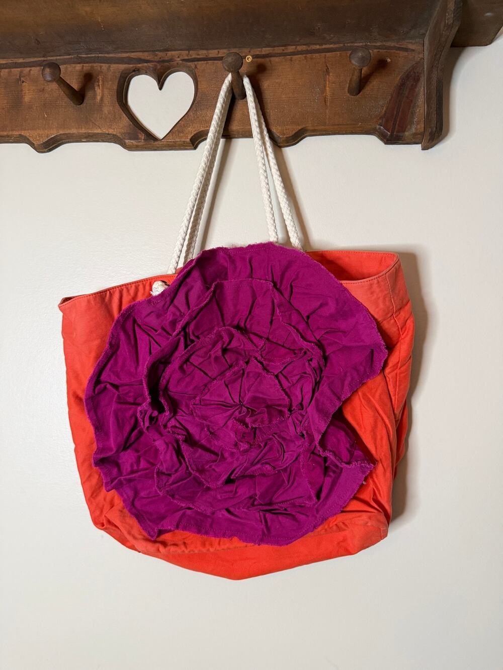Boden Coral Canvas Tote Bag with Oversized Purple Flower Applique